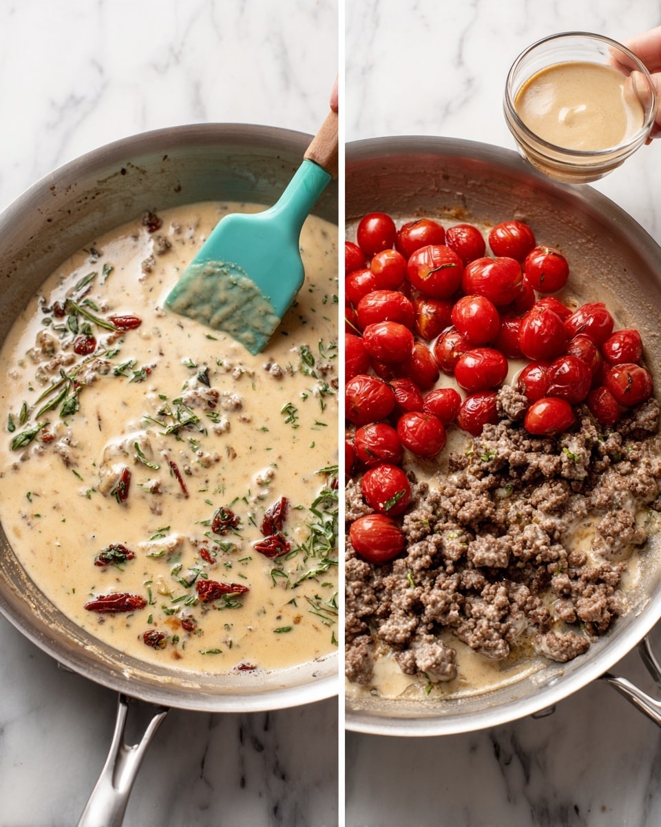 Two side-by-side images both show a silver skillet on a white marbled surface. The left image shows a creamy light beige sauce with herbs in the skillet, with a teal spatula resting inside and a woman's hand pouring more sauce from a small glass bowl into it. The right image has the same creamy sauce in the skillet but now includes bright red cherry tomatoes and cooked crumbled brown beef added on top of the sauce in different sections. Photo taken with an iphone --ar 4:5 --v 7