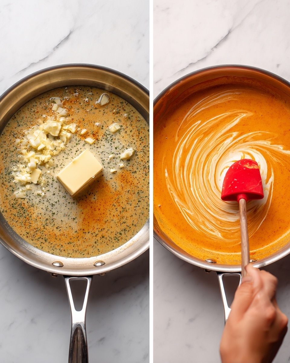 The image shows two side-by-side photos of a shiny metal pan on a white marbled surface. In the left photo, there is a square piece of butter melting with minced garlic around it in the pan. The pan has a silver handle and a round shape with small bubbles forming near the butter. In the right photo, a woman's hand is pouring a creamy white sauce with herbs into the pan, mixing into a thick orange sauce with a red spatula. The sauce looks smooth and swirled, filling most of the pan's surface. Photo taken with an iphone --ar 4:5 --v 7