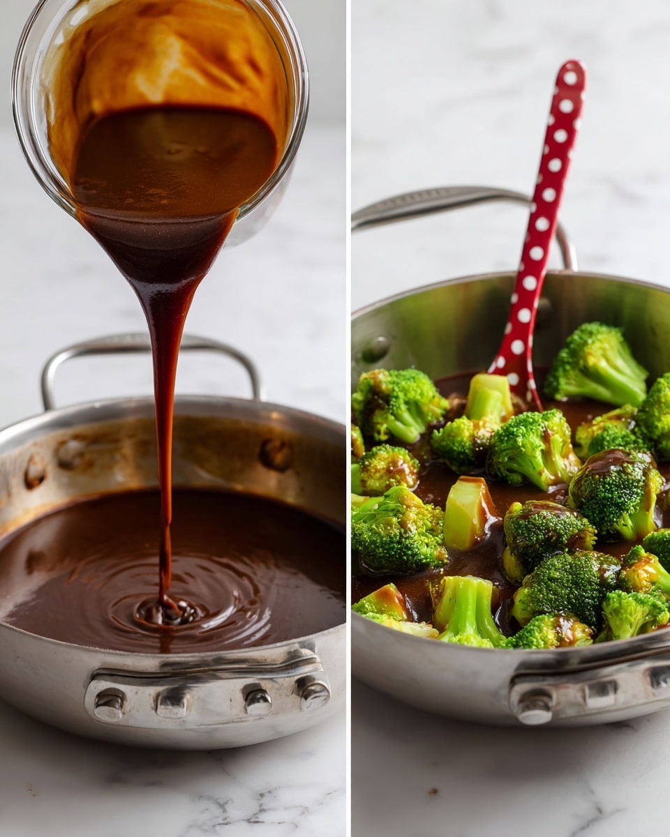 Two images side by side show a cooking pan on a white marbled surface. The left image has a cooking pan filled with a smooth, dark brown sauce being poured in from a glass container above. The sauce has a shiny, rich texture. In the right image, the same pan contains the dark brown sauce mixed with bright green broccoli pieces that are coated in the sauce. A red spoon with white polka dots rests inside the pan, stirring the mixture. The pan is silver with a double handle visible in both images. photo taken with an iphone --ar 4:5 --v 7
