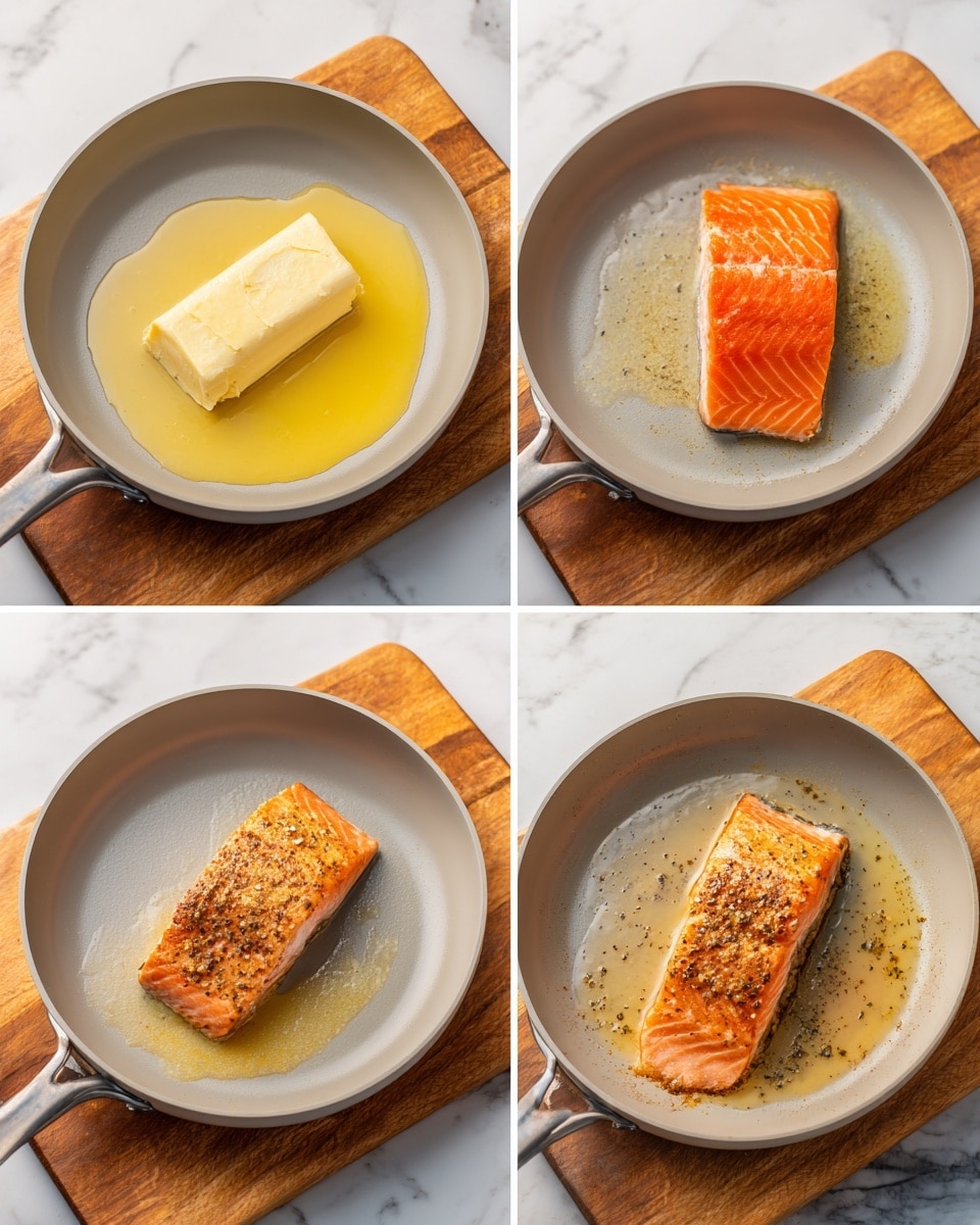 The image shows four close-up steps of cooking a piece of salmon in a light gray frying pan on a wooden board with a white marbled background. In the first image, melted yellow butter spreads evenly in the empty frying pan. In the second image, a raw bright orange salmon fillet with seasoning is placed in the center of the butter, skin side down. The third image shows the salmon fillet turned over, revealing a crisp, golden-brown skin with a bit of white meat showing on top. The fourth image displays the cooked salmon fillet lying flat in the pan, with a seasoned and slightly browned top layer, surrounded by melted butter that has turned light brown from cooking. The photo taken with an iphone --ar 4:5 --v 7