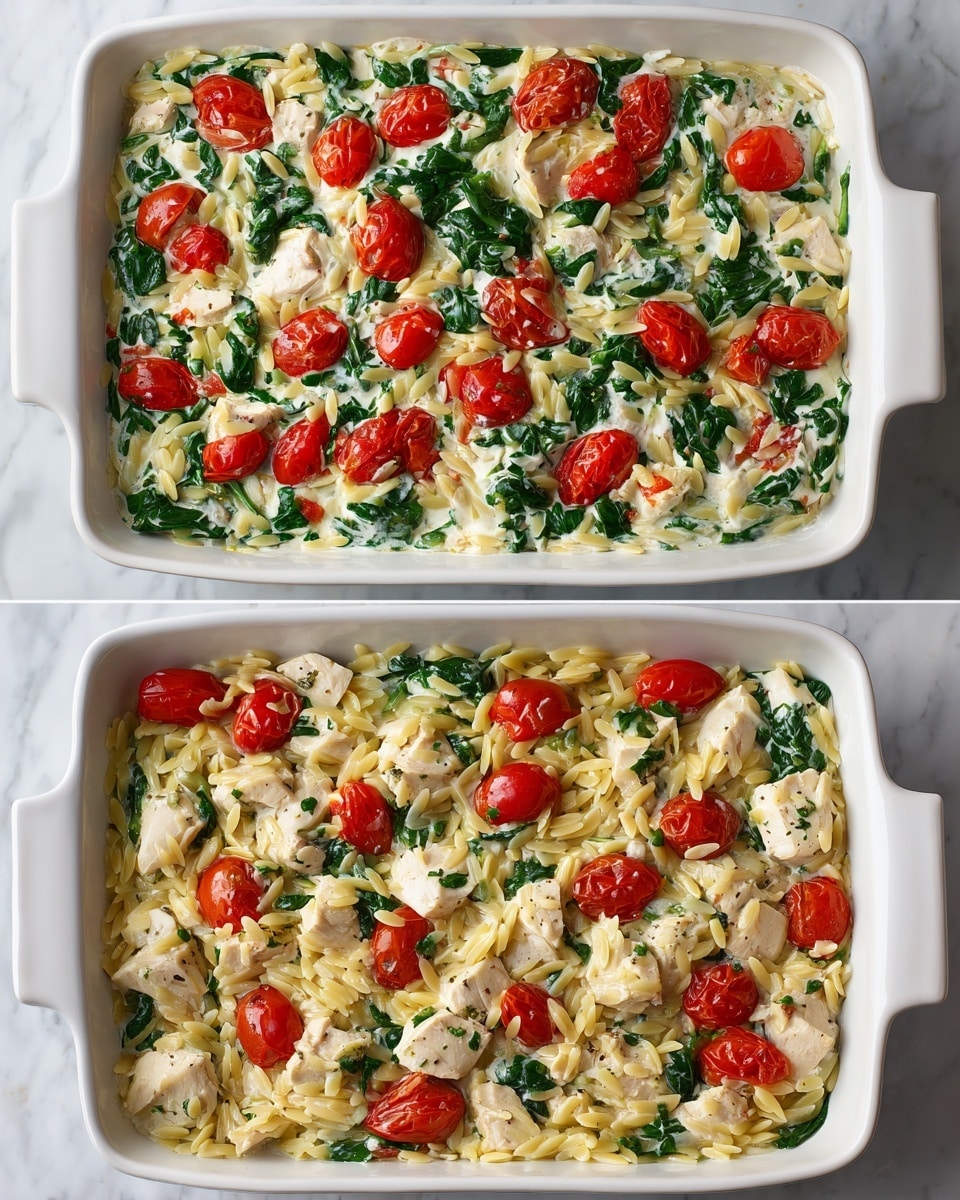 The dish is shown in a white rectangular baking dish placed on a white marbled surface. The top image shows a layered mixture with a creamy white sauce spread across the bottom, topped with bright green spinach leaves scattered evenly, halved cherry tomatoes in vibrant red sitting throughout, and chunks of white chicken pieces mixed with light yellow orzo pasta spread on top. The bottom image shows the ingredients before layering, immersed in the creamy sauce with cherry tomatoes, spinach leaves, chicken pieces, and orzo pasta all mixed but still distinct in colors and texture. The overall look is fresh with contrasts between the creamy white, bright green, red, and beige tones. photo taken with an iphone --ar 4:5 --v 7
