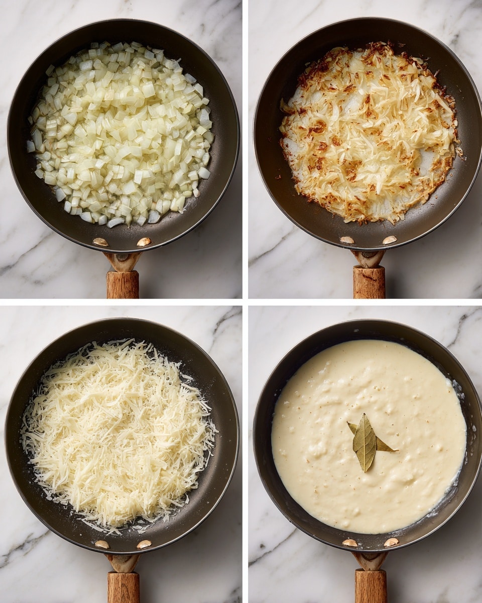 The image shows four steps of cooking in a black frying pan with a wooden handle on a white marbled surface. The first step has small white chopped onions spread in the pan with some oil visible. In the second step, the onions turn light brown and sizzle in the oil. The third step shows a creamy white liquid with shredded white cheese and a small bay leaf placed in the center over the browned onions. The last step reveals the mixture fully combined into a smooth, thick, pale cream sauce with small onion pieces visible under the surface. Photo taken with an iphone --ar 4:5 --v 7