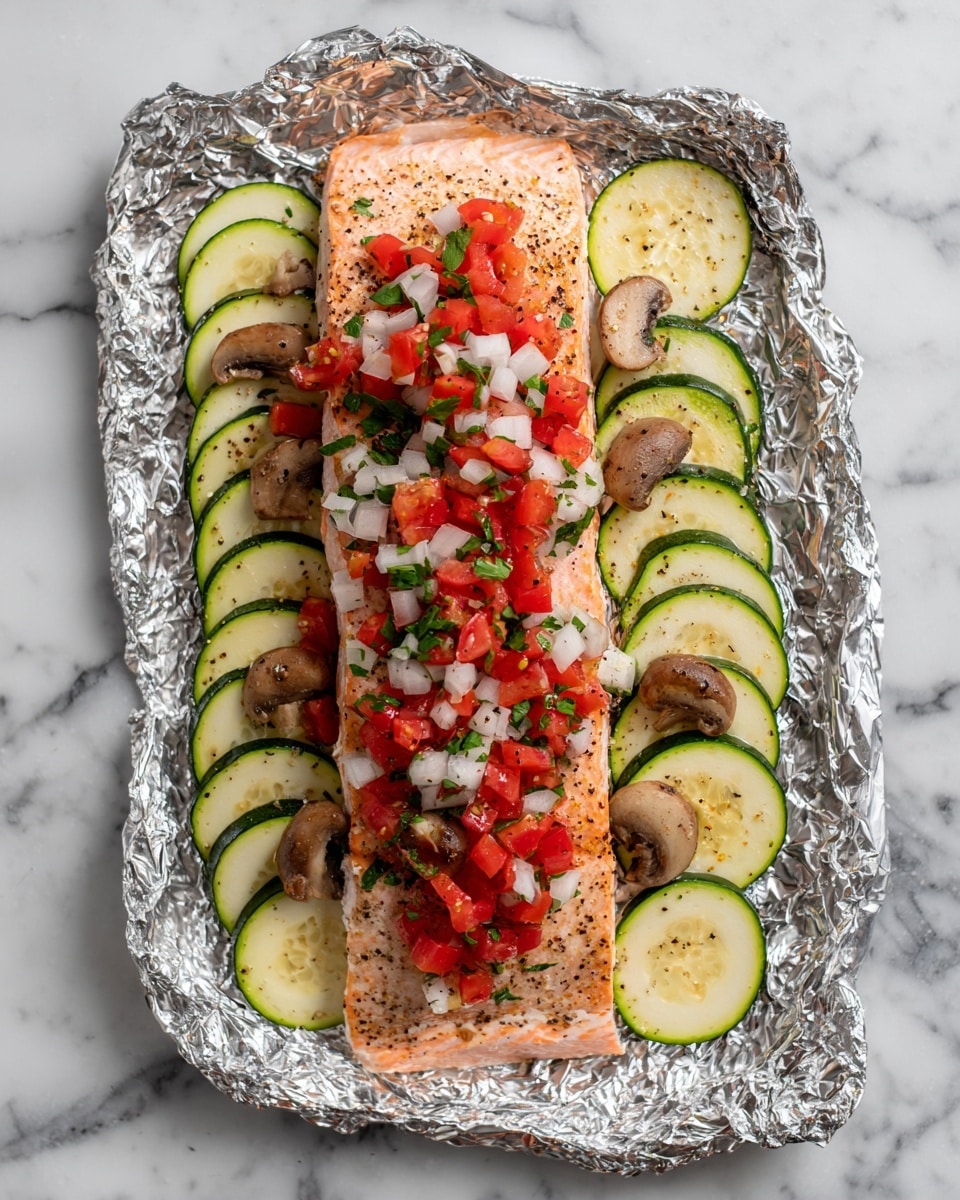 The image shows a step-by-step layering of ingredients on a sheet of aluminum foil placed on a white marbled surface. First, there is a base layer of thin, round slices of green zucchini, lightly seasoned, arranged in a line down the center of the foil. Next, small browned mushroom pieces are scattered evenly over the zucchini slices. Then, a single raw salmon fillet with a pinkish-orange color and visible light marbling is placed on top of the mushrooms and zucchini, sprinkled with black pepper. Finally, the salmon is topped with a fresh mixture of diced red tomatoes, chopped white onions, and green herbs scattered unevenly to cover the surface, creating a colorful and fresh look. Photo taken with an iphone --ar 4:5 --v 7