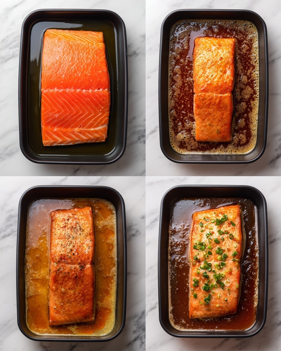 The image shows four stages of cooked salmon in a black baking pan on a white marbled surface. The first stage has a large raw salmon fillet, bright orange with visible skin texture, sitting in a little bit of oil. The second stage shows the salmon in the same pan, now covered with bubbling brown sauce. In the third stage, the salmon is cooked with a browned, slightly crispy surface and sauce around it. The final close-up image shows the cooked salmon with a golden-brown crust and small green herb pieces sprinkled on top. photo taken with an iphone --ar 4:5 --v 7