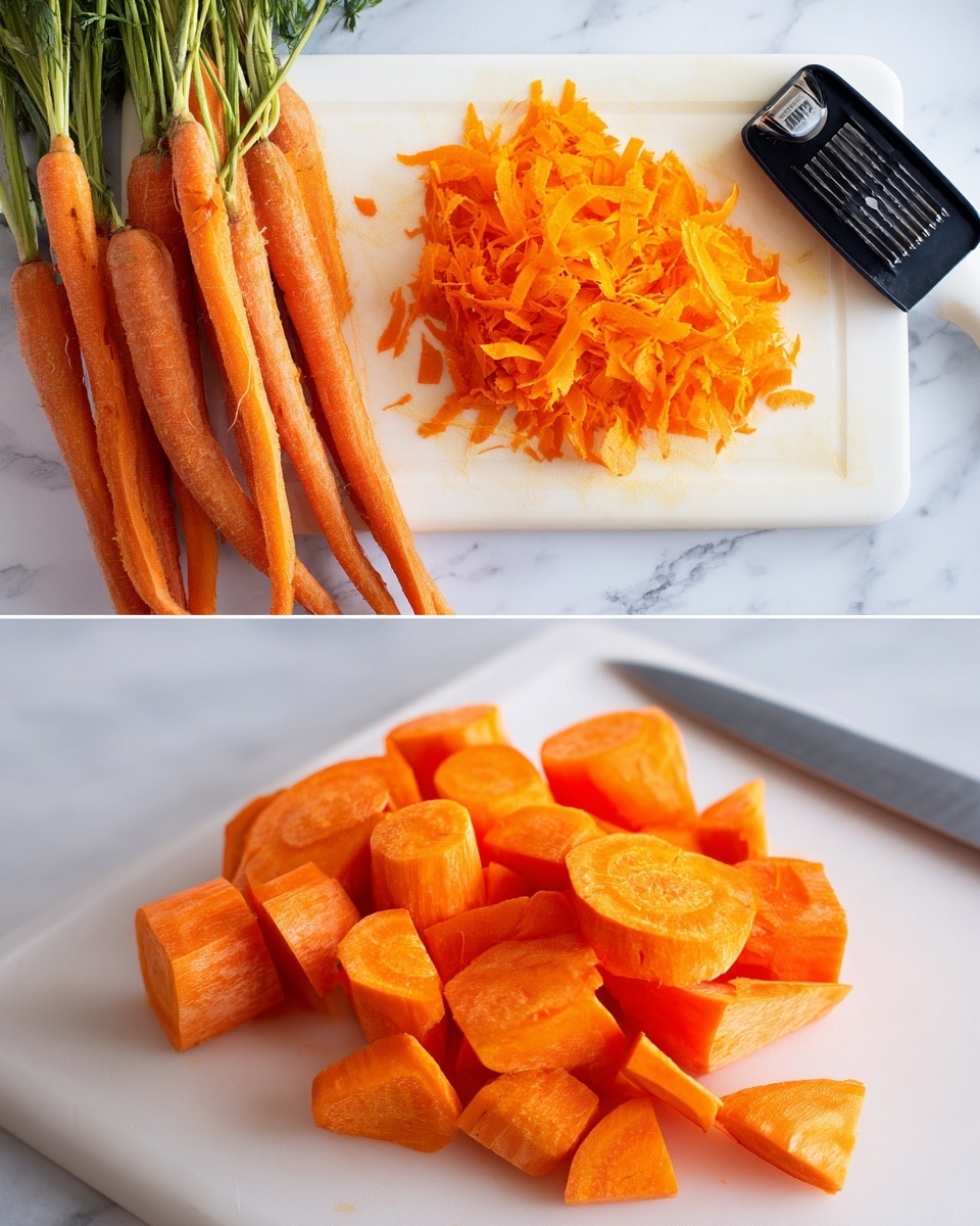 The image is divided into two parts: the top part shows a pile of bright orange carrot peels on a white cutting board with a black peeler next to the peels, and a bunch of whole, unpeeled carrots lying to the left; the bottom part shows several pieces of peeled carrots cut into thick, round and angled chunks spread evenly on a white cutting board, with a large knife with a white handle resting behind the carrot pieces, all placed on a white marbled surface photo taken with an iphone --ar 4:5 --v 7