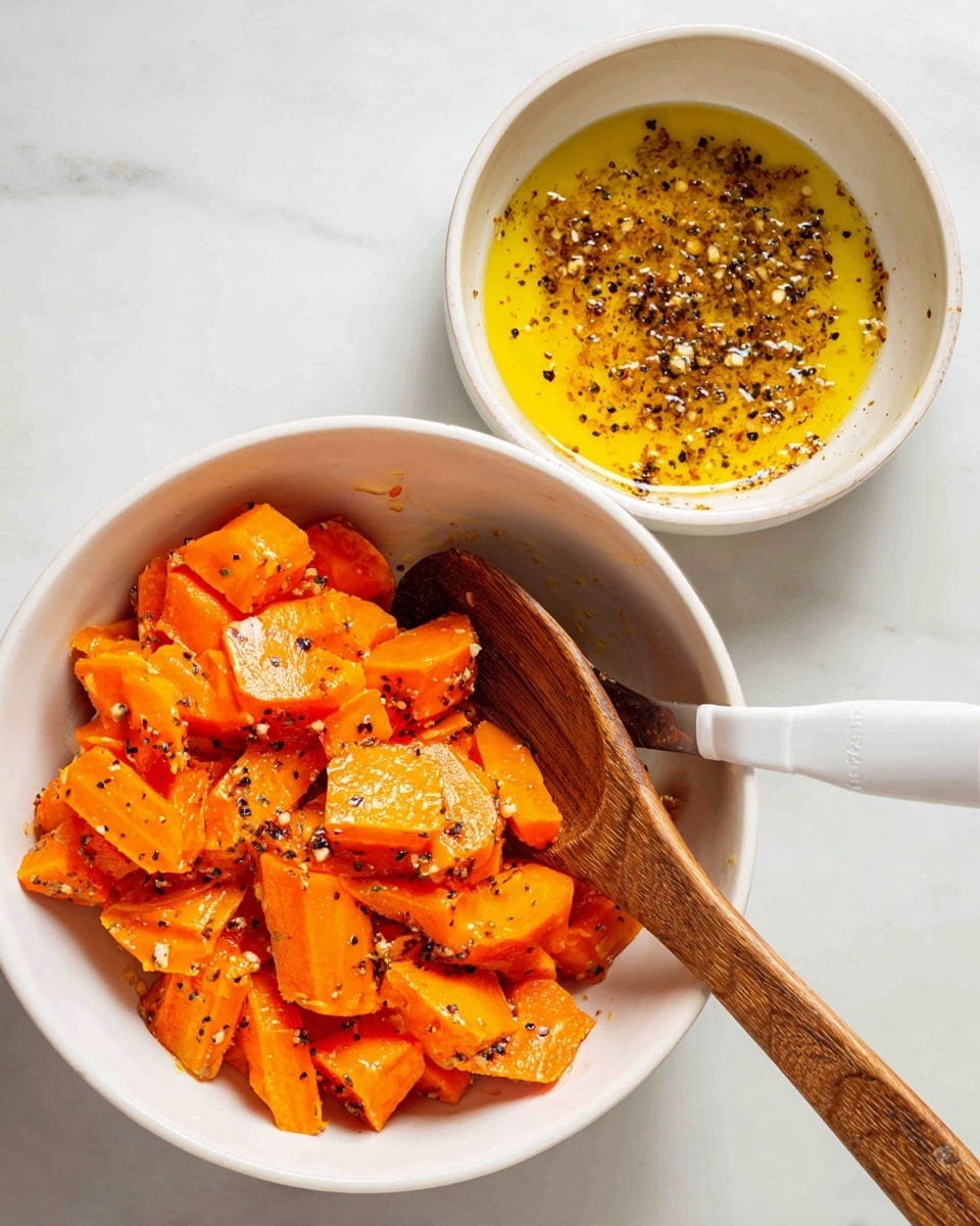 The first image shows a white bowl with a mix of yellow oil and black pepper flakes floating on top, with small bits of garlic scattered throughout. A wooden spoon with a white silicone spatula end rests inside the bowl on the left side. The second image features the same white bowl filled with thick, uneven chunks of bright orange carrots covered in the same oily, peppery mixture from the first image. The wooden spoon's spatula end is also visible inside the bowl among the carrot pieces, all set on a white marbled surface photo taken with an iphone --ar 4:5 --v 7