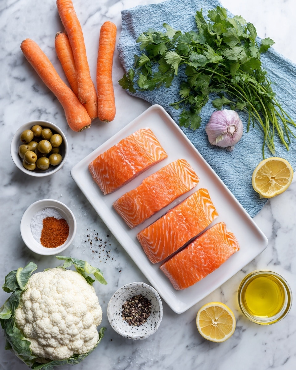 On a white marbled surface, there is a white rectangular plate on the right side holding four raw salmon fillets, each with bright orange color and white marbling lines. Above the plate, a bunch of fresh green cilantro leaves rest. To the left of the plate, on the marbled surface, three small white bowls hold different spices: one has green olives, another one contains black pepper, and the third has salt. Below them, a small white bowl displays two types of ground spices in reddish brown and light brown colors. Near this bowl, a whole garlic bulb with a purple hue lies on the surface. Toward the top left, three fresh orange carrots sit on a light blue cloth. Below the carrots is a whole yellow lemon. At the bottom left corner, a large fresh cauliflower with green leaves is on the white marbled surface. Near the carrots, there is a small glass bowl filled with golden olive oil. photo taken with an iphone --ar 4:5 --v 7