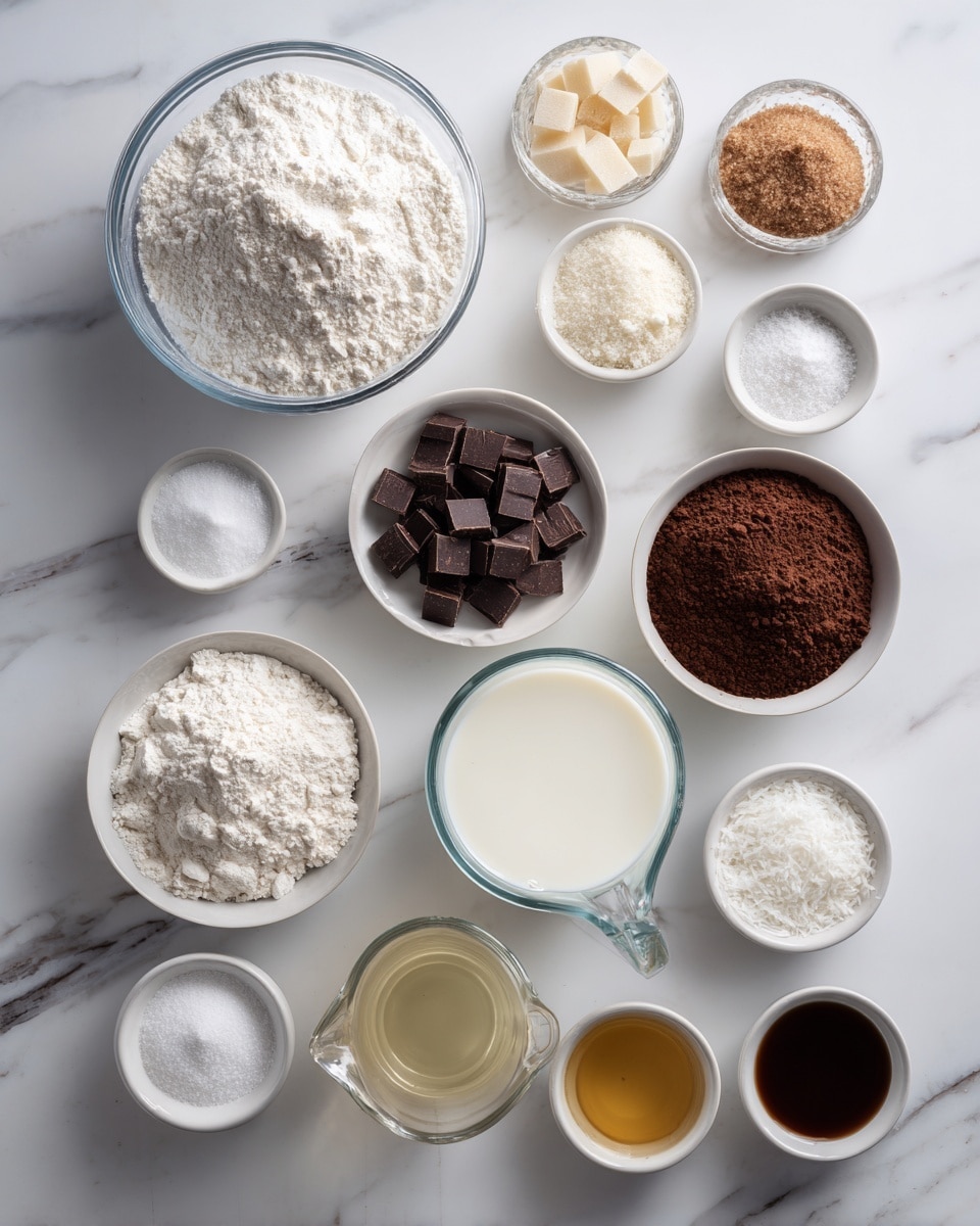 The image shows twelve small white bowls and glass measuring cups arranged on a white marbled surface, each holding different baking ingredients. At the top left is a large glass bowl filled with white flour, next to it on the right is a similar bowl filled with light brown sugar. Below the flour bowl is a small white bowl containing dark chocolate chunks, and next to it on the right is a small white bowl filled with cocoa powder. Below the sugar bowl is another small white bowl with chocolate chips. In the center, there is a glass measuring cup with white milk, just below it is a clear bowl with a golden liquid, likely oil. Several small white bowls hold white salt, baking powder, white powdered sugar, and white solid, possibly coconut oil. One small bowl contains a dark brown liquid, likely vanilla, near the middle, and another small bowl holds a dark liquid that may be coffee or espresso located at the lower right. The ingredients are neatly placed in a balanced composition with a clean look. Photo taken with an iphone --ar 4:5 --v 7