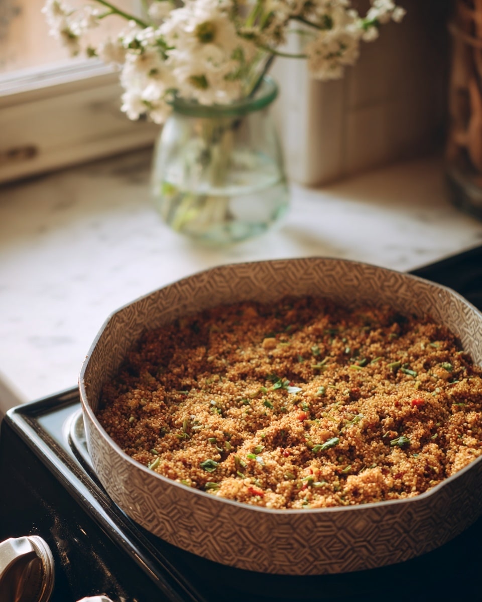 The image shows a close-up of a round pan filled with a textured mixture of grains, seeds, and small green herbs. The mixture is mostly brown with specks of light orange and green, giving it a rough and chunky texture. The pan has a hexagon pattern inside and is placed on a black stove with a dial visible in the corner. In the background, there is a glass vase with white flowers and some green stems, set on a white marbled surface with soft natural light from a nearby window. The scene looks warm and homey, focused on the rustic food in the pan photo taken with an iphone --ar 4:5 --v 7
