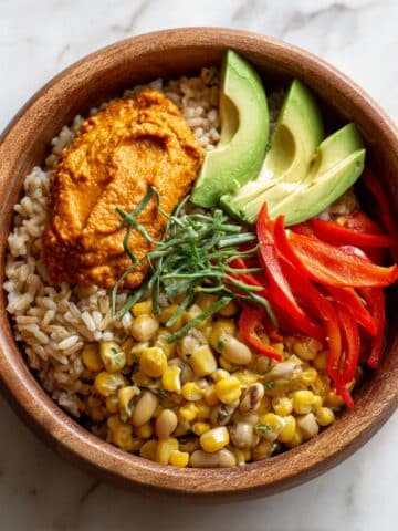 Corn and Pinto Bean Brown Rice Bowl with Spicy Sunflower Seed Dressing Recipe