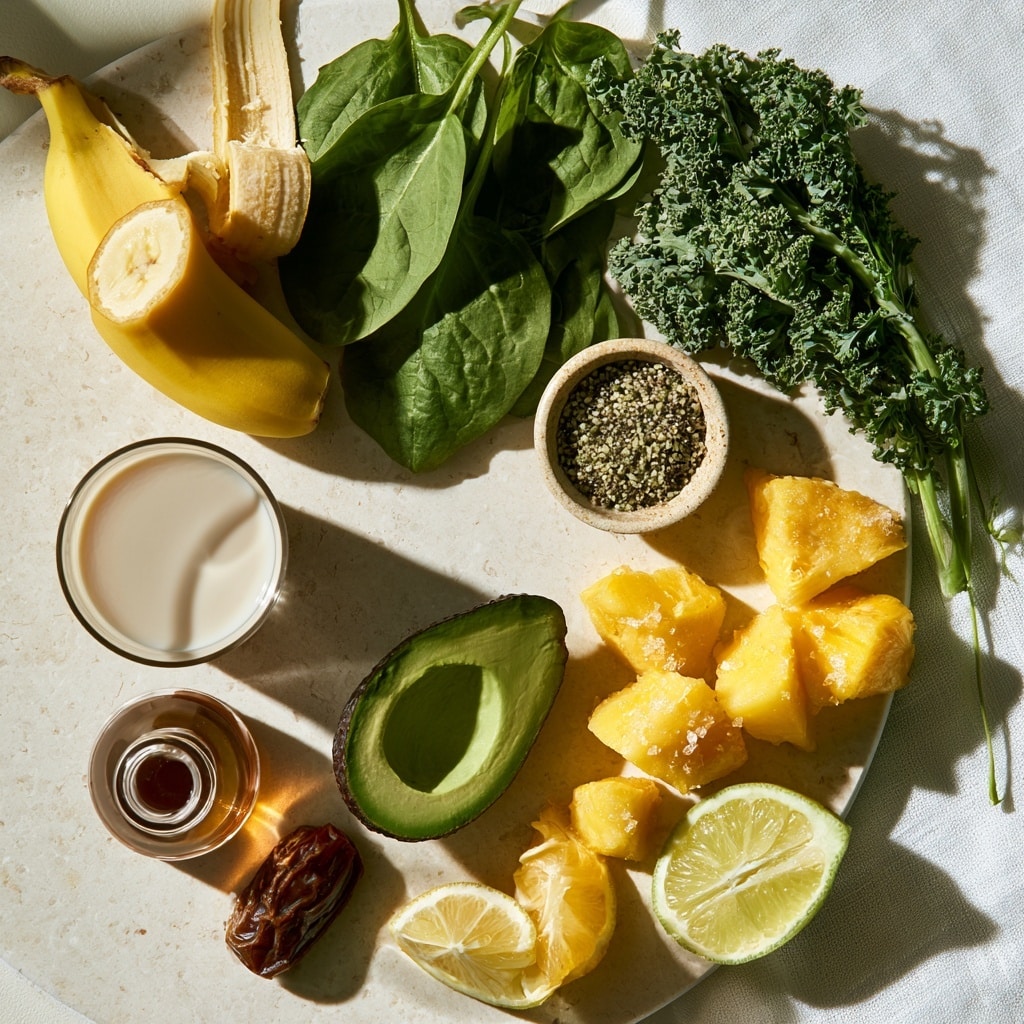 A clear blender cup filled with three visible layers of fresh ingredients: at the bottom, round, pale yellow banana slices; in the middle, bright orange mango chunks; on top, green, leafy spinach being added from a small brass measuring cup held by a woman’s hand. The blender cup sits on a beige cloth-covered table with a white marbled texture surface visible in the background. A white flower pot with a white orchid sits near a window in soft natural light. Photo taken with an iphone --ar 4:5 --v 7