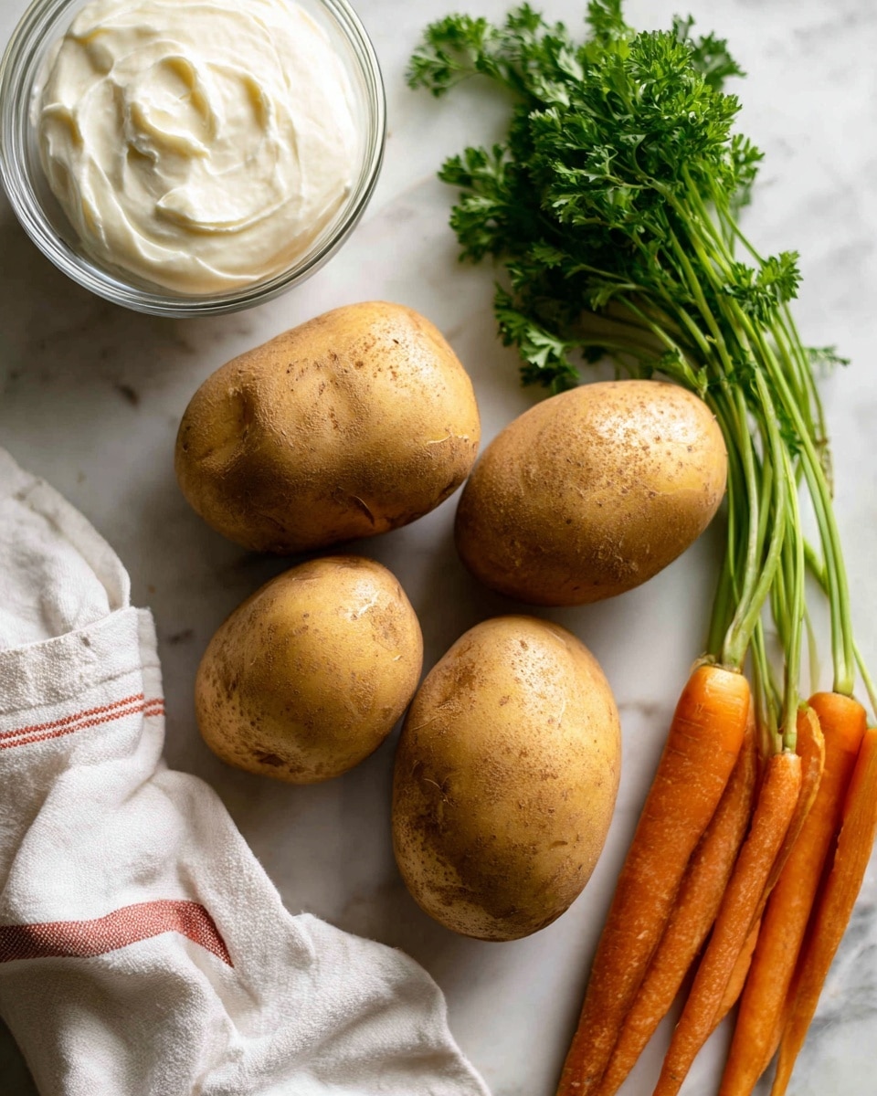 The image shows five whole potatoes placed on a white marbled surface, with three orange carrots and a bunch of green parsley to the right side. There is a clear glass bowl with a white creamy substance in the top left corner. A white cloth with red stripes is partly under some of the potatoes at the bottom right of the image. The colors are natural and the textures show the roughness of the potato skins, the smooth carrots, and the leafy parsley. photo taken with an iphone --ar 4:5 --v 7
