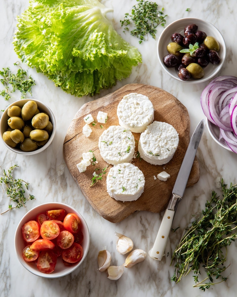 The image shows a wooden cutting board with round white cheese pieces stacked in a small white bowl and some scattered around it; a knife with a white handle rests on the board. Surrounding the board are small white bowls holding sliced green olives, bright red cherry tomatoes, and thin purple onion rings arranged neatly. Fresh green lettuce leaves and sprigs of herbs frame the top left and bottom edges. Fresh garlic cloves and chopped green herbs add more color to the scene, all placed on a white marbled surface. Photo taken with an iphone --ar 4:5 --v 7