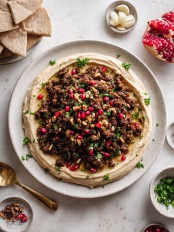 Lamb Hummus with Spiced Ground Lamb, Pomegranate Seeds, and Toasted Pine Nuts Recipe