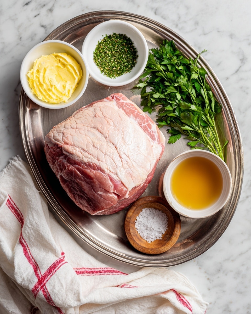 A large piece of raw meat with a pale pink and light cream fatty top layer is placed in the center of a shiny silver metal tray. To the top left is a white bowl containing a yellow butter layer on one side and a green chopped herb layer on the other side. Below the bowl is a small wooden bowl filled with coarse white salt crystals. To the right of the tray is a small white bowl filled with amber-colored liquid. Fresh green parsley with leafy texture is placed both inside the tray and on the right side of the image. A white cloth with red stripes is loosely folded at the bottom left corner, and the whole arrangement is set on a white marbled surface photo taken with an iphone --ar 4:5 --v 7