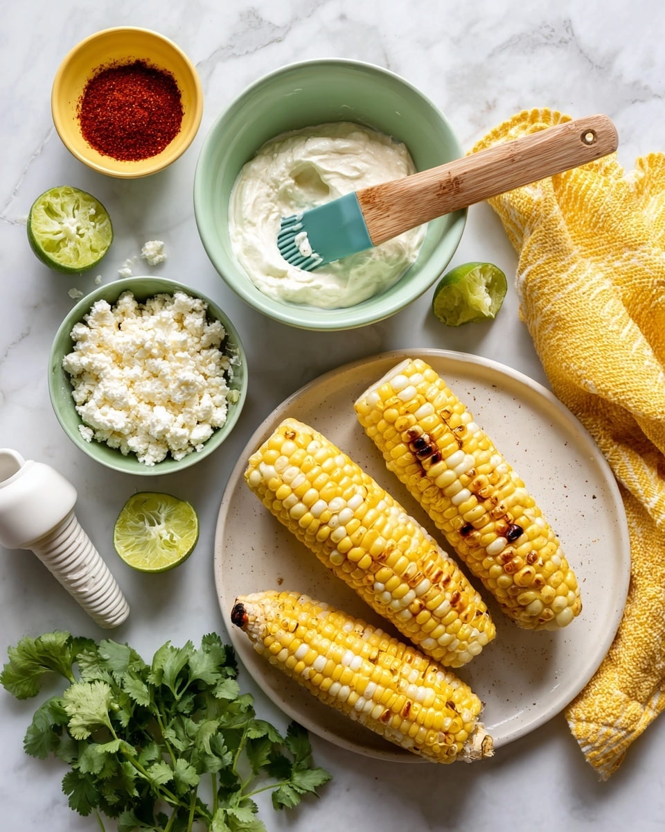 The image shows four ears of grilled corn with golden-yellow kernels and some charred spots placed on a white plate, arranged in a scattered manner on the lower right side. Above the plate, there is a light green bowl with white creamy sauce being stirred by a wooden spatula with a teal silicone end. To the left of this bowl, a smaller light green bowl holds a crumbly white cheese. Above that is a small yellow bowl filled with red chili powder. In the lower left corner, a white handheld citrus juicer holds a halved lime, with more lime wedges beside it. At the bottom center, fresh green cilantro leaves are spread out. In the upper right corner, a bright yellow cloth with a textured pattern is partially visible. All these items are set on a surface with a white marbled texture. Photo taken with an iphone --ar 4:5 --v 7