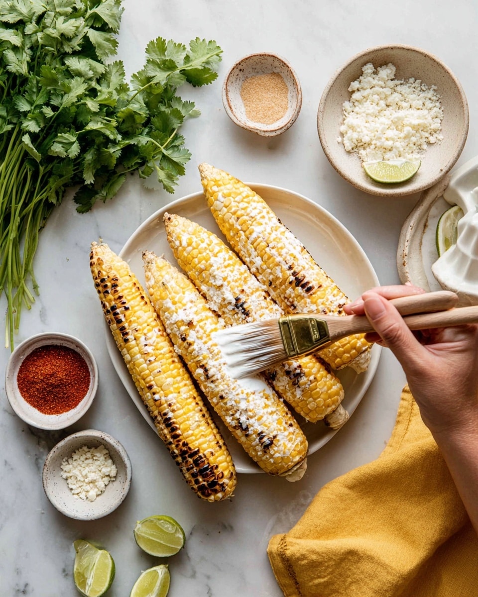 There are four ears of grilled corn with light char marks, three placed on a white plate and one being held by a woman's hand. The corn has a glossy white sauce being brushed on with a wide brush by another woman's hand. Around the plate, there are small white bowls, one with a reddish powder, one with crumbly white cheese, and a lime half being squeezed on a white juicer. Fresh green cilantro leaves are placed in a bunch on the white marbled surface near the bowls. A yellow cloth is partially visible at the bottom edge. photo taken with an iphone --ar 4:5 --v 7
