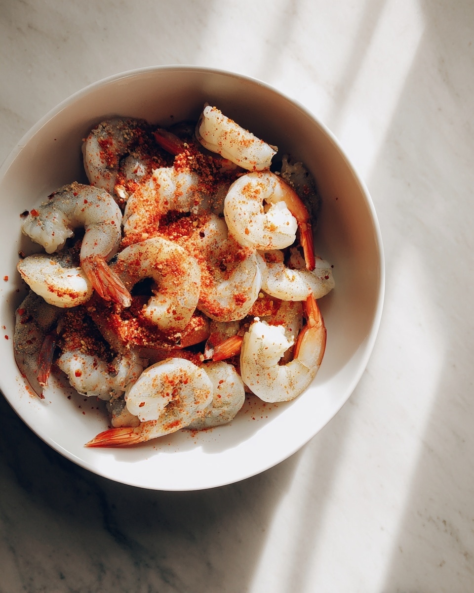 The image shows a white bowl filled with raw shrimp scattered with red seasoning powder. The shrimp are pale gray with some orange-colored edges and are coated unevenly with the reddish spice. The bowl sits on a surface with a white marbled texture, and soft natural light casts shadows around the bowl, highlighting the shrimp and seasoning details. photo taken with an iphone --ar 4:5 --v 7
