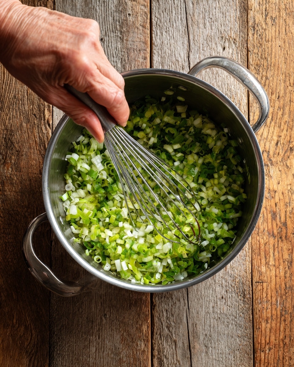 A close-up image of a silver metal pot filled with small, chopped green and white vegetable pieces, likely celery or green onions, being stirred with a metal whisk held by a blurred woman's hand on the left side. The pot rests on a wooden surface with a natural, rustic texture. The image focuses on the stirring action and the fresh chopped ingredients inside the pot. photo taken with an iphone --ar 4:5 --v 7