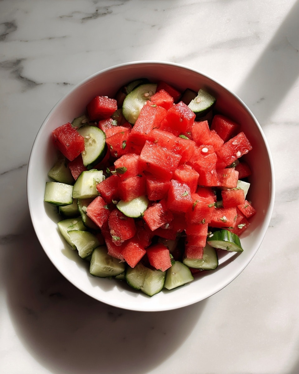 A white bowl filled with small, evenly chopped pieces of bright red watermelon and light green cucumber with dark green skin mixed together, placed on a white marbled surface with soft natural light casting gentle shadows around the bowl photo taken with an iphone --ar 4:5 --v 7