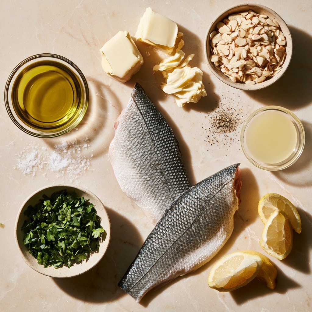 The dish shows two white fish fillets placed slightly overlapping in the center of a white, shaped plate. The fish has a smooth, pale texture with a gentle golden edge at the bottom right corner. On top of the fillets, there is a thick layer of sliced toasted almonds mixed with small green herb pieces, giving a crunchy and fresh contrast. Surrounding the fish is a shallow pool of golden oil with herbs floating in it, adding shine and richness. The plate is set on a white marbled surface, creating a clean and bright background. photo taken with an iphone --ar 4:5 --v 7