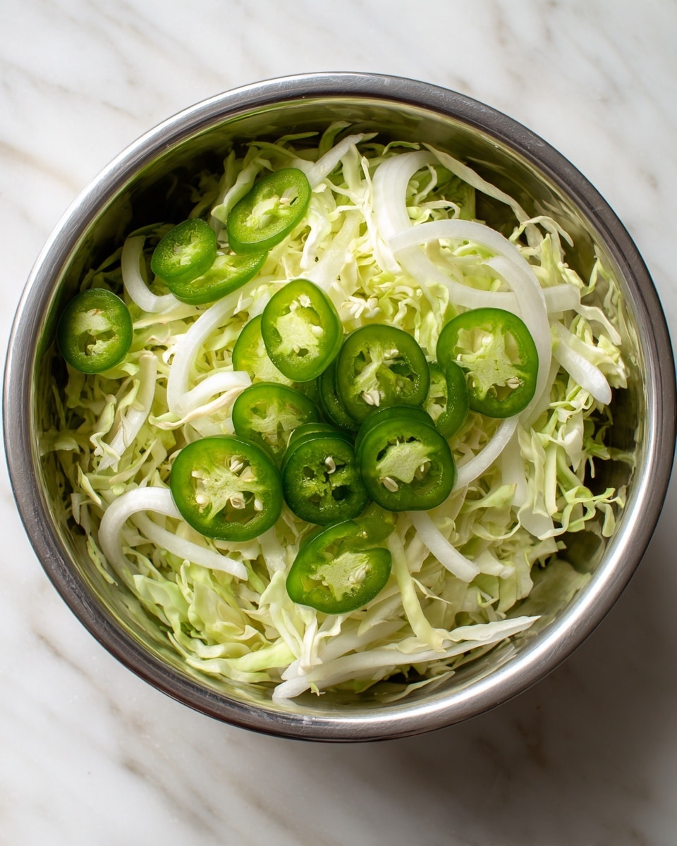 A silver metal bowl sits on a white marbled surface, filled with thin layers of shredded pale green cabbage as the base. On top and mixed in are long, slightly translucent white onion strips and round slices of bright green jalapeño peppers scattered evenly throughout. The bowl's shiny interior reflects the light, highlighting the fresh and crisp texture of the vegetables. photo taken with an iphone --ar 4:5 --v 7