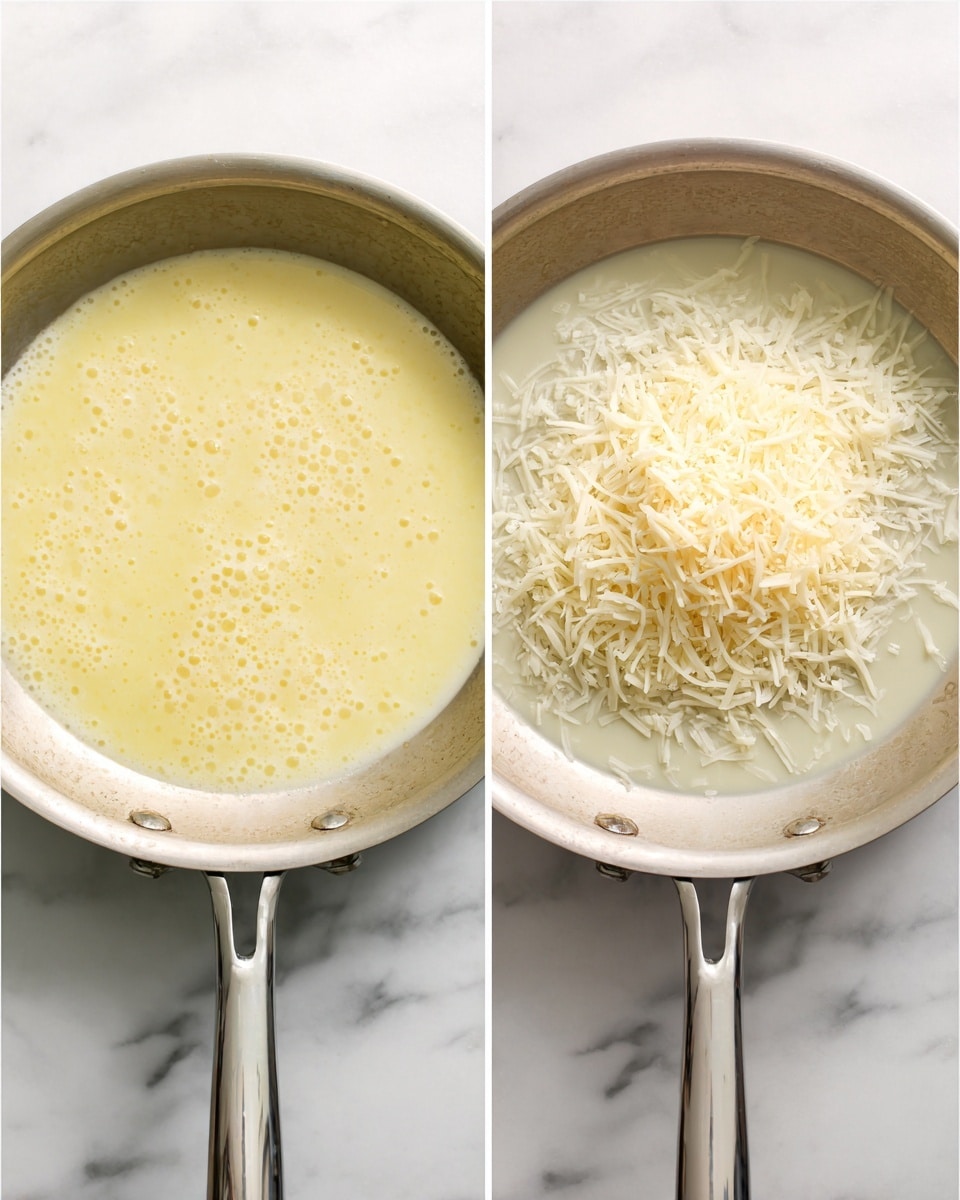 Two side-by-side photos show a silver pan on a white marbled surface, both filled with a light yellow liquid mixture. The left photo shows the smooth, slightly bubbly yellow liquid only. The right photo shows the same yellow liquid with a heap of fine, white shredded cheese added to the center. The pan has a silver handle pointing downward in both photos. photo taken with an iphone --ar 4:5 --v 7