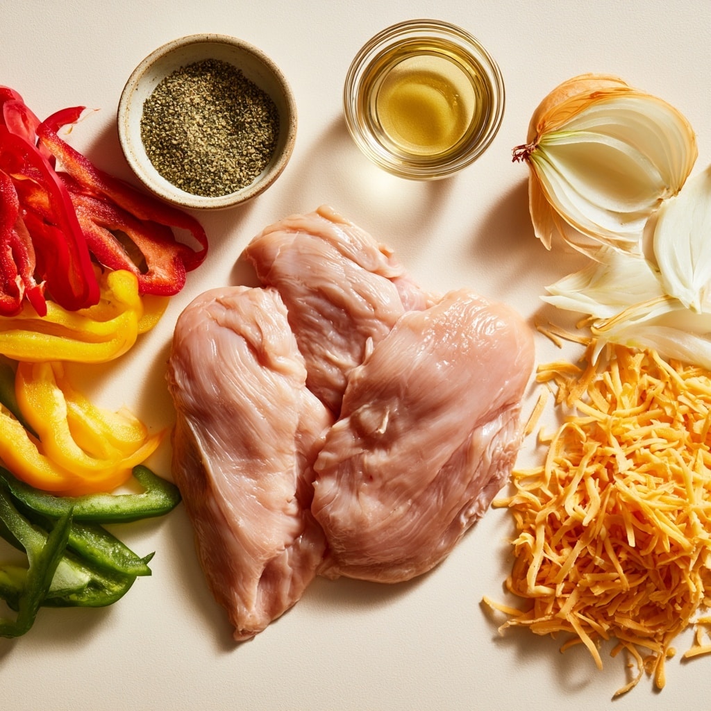 The image shows a white rectangular baking dish in four steps. The first layer is raw chicken thighs sprinkled with red seasoning, covering the whole bottom. The second layer adds chopped green and red bell peppers along with sliced white onions on top of the chicken. The third layer consists of shredded white cheese spread evenly over the vegetables. The final layer shows the fully cooked dish with a golden-brown melted cheese crust, some browned spots, and small green herb pieces sprinkled on top for garnish. The baking dish sits on a white marbled surface, and a woman's hand is seen holding it in some frames. Photo taken with an iphone --ar 4:5 --v 7
