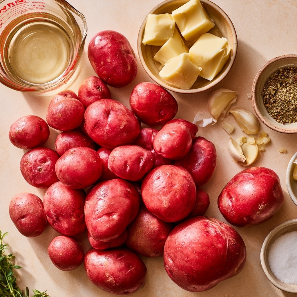 The image shows four steps of preparing seasoned red and yellow potatoes in a round metal pot and a white plate. The first picture has whole and halved red and yellow potatoes inside the pot, showing smooth skin and pale yellow interior. The second picture shows the potatoes mixed with black pepper and other seasonings, evenly covering their skin. The third picture adds small pieces of butter resting on top of the seasoned potatoes, ready to melt. The last picture presents the cooked potatoes placed in a white plate with a slight patterned edge, sprinkled with chopped green herbs, giving a fresh look. The background is a white marbled texture. photo taken with an iphone --ar 4:5 --v 7