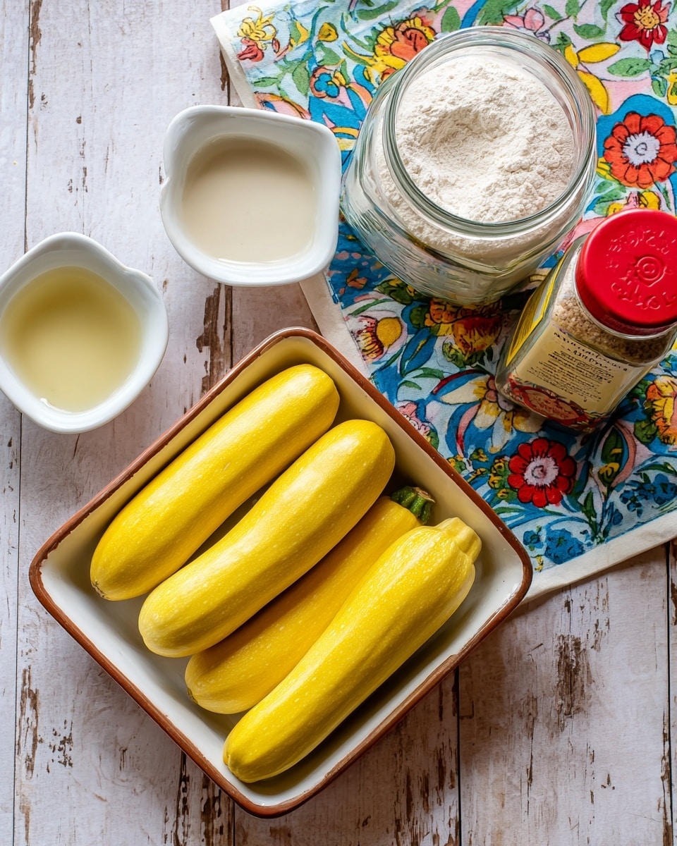 The image shows five yellow squash inside a white square dish with brown edges, placed on a white marbled surface. To the left of the dish, there are two small white square bowls, one filled with a pale yellow liquid and the other with a clearer liquid. Above the dish and bowls, there is a glass jar filled with white flour resting on a cloth decorated with floral and fruit patterns in colors like blue, red, yellow, and green. Next to the jar is a spice container with a red lid labeled garlic salt. The background is a white wooden surface. photo taken with an iphone --ar 4:5 --v 7