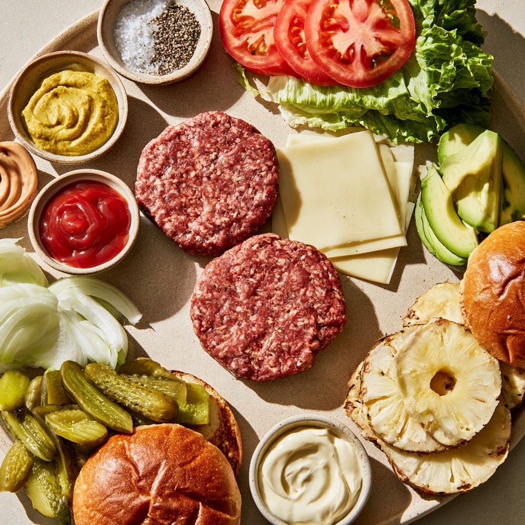 A close-up of three cheeseburgers arranged on a white plate with fries around them. Each burger has a top layer of a golden brown bun with a soft, slightly rough texture, beneath which are slices of bright purple onion, a layer of red tomato, melted yellow cheese dripping a bit, a dark brown beef patty, and a layer of fresh green lettuce sitting on the bottom part of the bun. The white marbled surface is visible behind and under the plate. Photo taken with an iphone --ar 4:5 --v 7