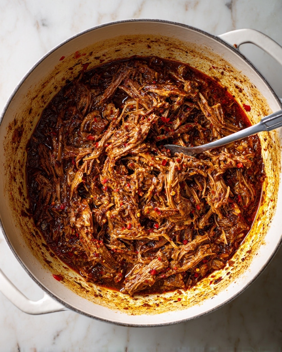 The image shows a large white pot filled with shredded dark brown meat mixed with thick, chunky sauce. The meat strands look tender and moist, blending into the rich sauce that has visible specks of red and darker seasoning throughout. A metal fork is stuck into the mixture near the top center, slightly lifting some of the shredded meat. The pot sits on a white marbled surface which contrasts with the deep, warm colors of the meat and sauce. The edges of the pot have some sauce stains, adding to the rustic, homemade feel of the dish. photo taken with an iphone --ar 4:5 --v 7