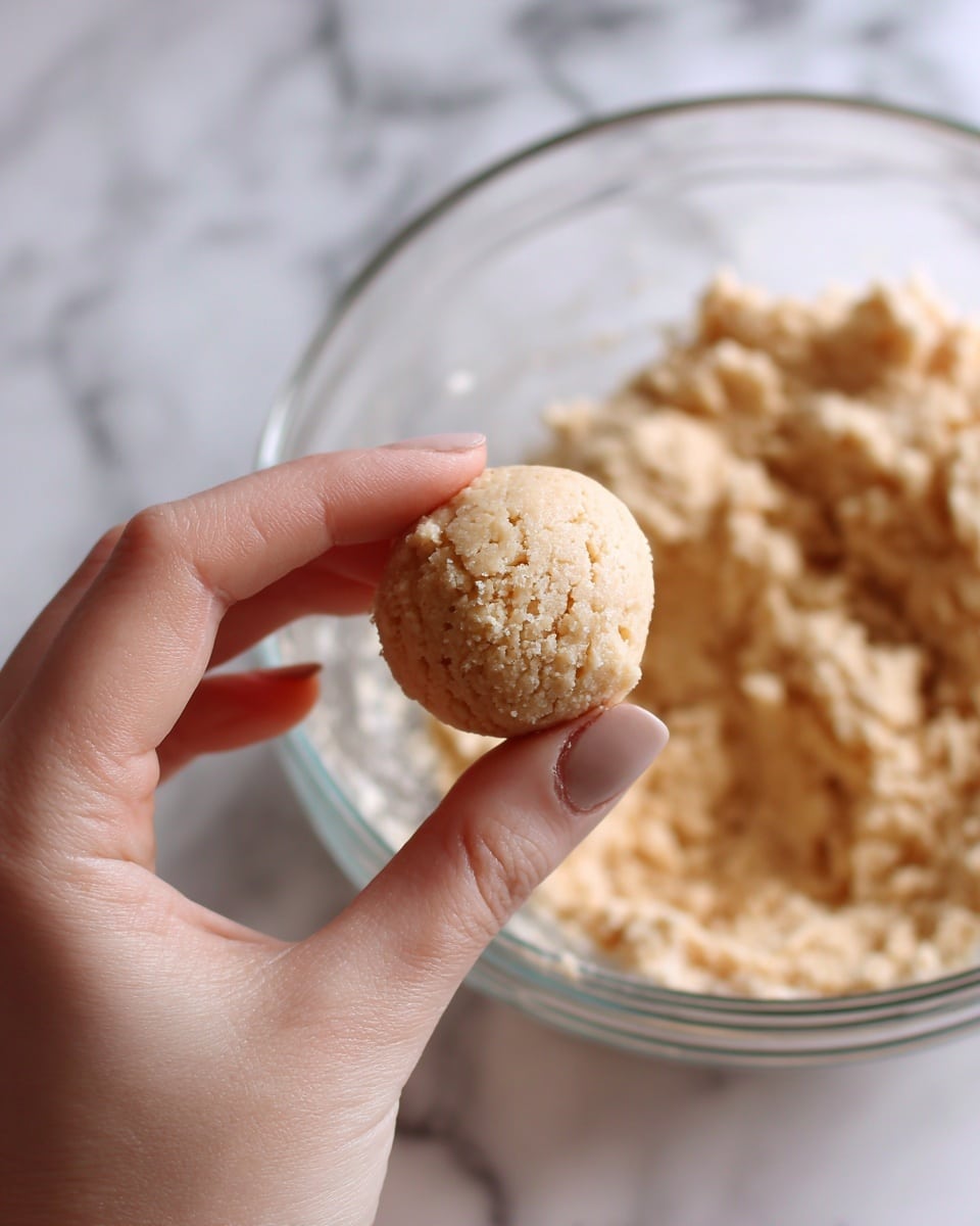 A close-up of a woman's hand holding a small smooth ball of light brown dough. In the background, there is a clear glass bowl filled with more of the same dough. The dough has a soft, slightly crumbly texture and is light tan in color. The scene is set on a white marbled surface. Photo taken with an iphone --ar 4:5 --v 7