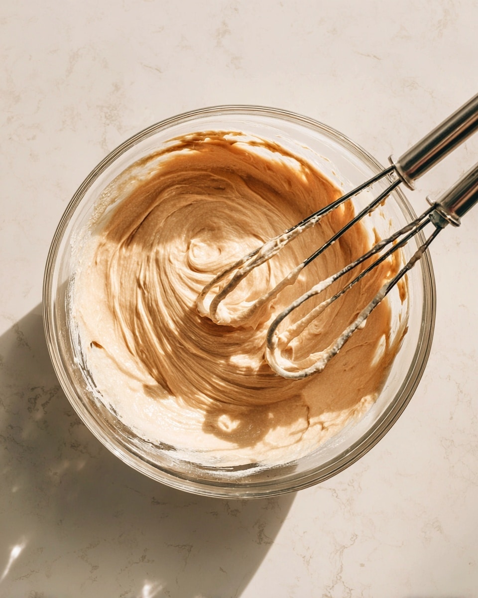 A clear glass bowl filled with creamy light brown batter that looks smooth and thick; two metal beaters from an electric mixer are partially dipped into the batter, coated with it as if just lifted. The bowl is placed on a white marbled surface with soft natural light highlighting the texture of the batter and the shiny metal beaters. Photo taken with an iphone --ar 4:5 --v 7