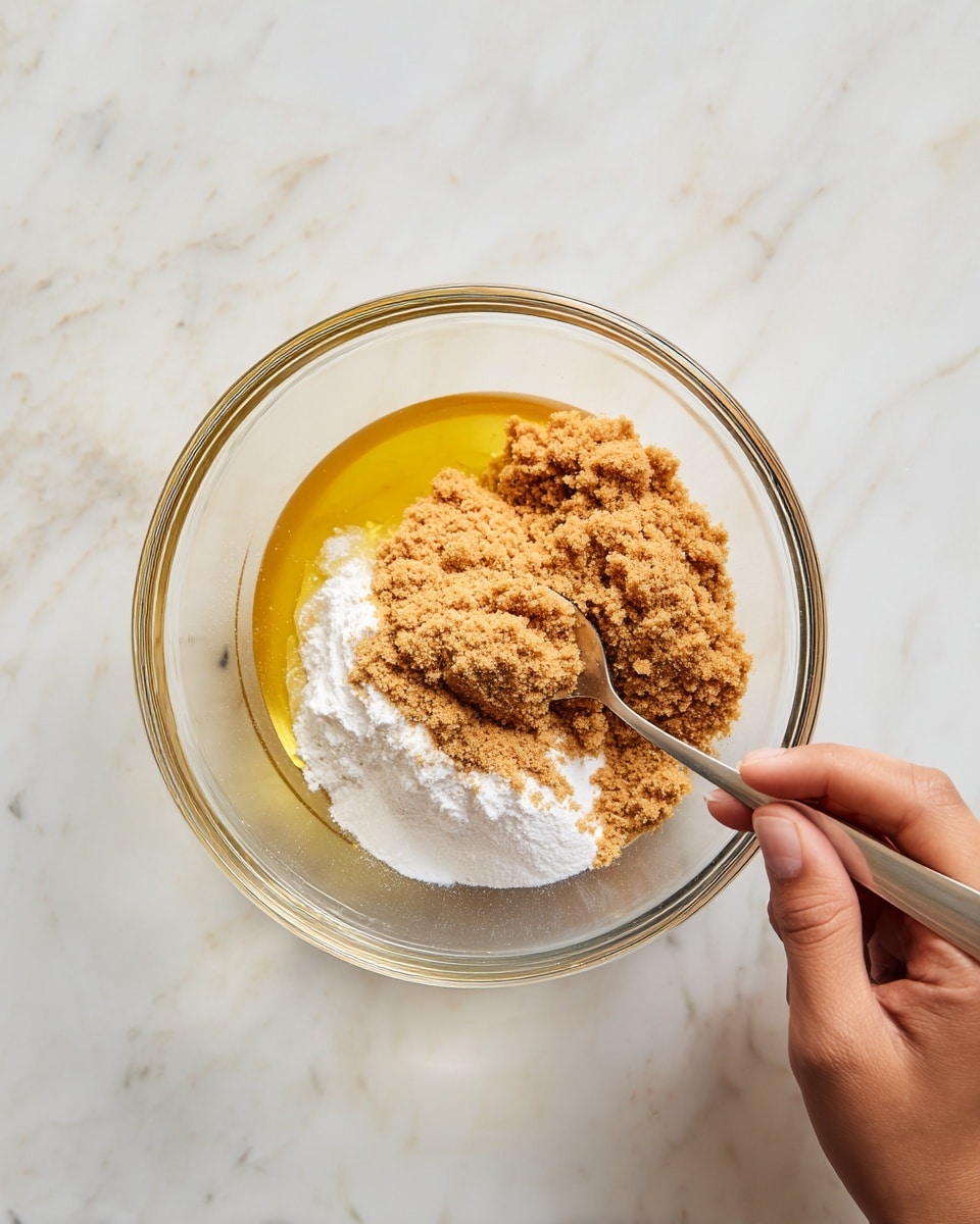 A clear glass bowl holds four layers of ingredients. The first layer at the bottom is a golden-yellow liquid, smooth and slightly shiny. The second layer above it is a white powder that looks soft and fine. On top of this is a light brown, crumbly layer that appears thick and dense. A woman’s hand is holding the bowl steady while a spoon moves through the layers, stirring gently against the clear glass. All of this sits on a white marbled surface. photo taken with an iphone --ar 4:5 --v 7