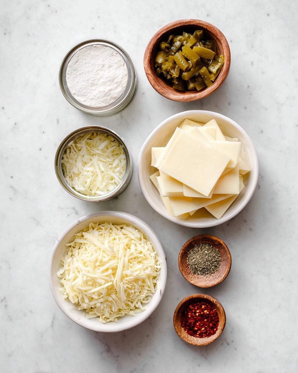 The image shows six small bowls arranged on a white marbled surface. Starting from the top right, there is a white bowl filled with light yellow slices of cheese stacked unevenly. To its left, a white bowl holds shredded pale yellow cheese with some darker thin strands mixed in. Above that, a smaller white bowl contains chopped green pickles in a small amount of liquid. On the far left, a small round wooden bowl has a white powder, possibly flour or cornstarch. Next to the pickles bowl, a silver tin can with a pull tab is placed face up. On the bottom right, a small wooden bowl holds four different spices arranged in small separate piles: white salt, red chili powder, crushed red chili flakes, and ground black pepper. The composition is neat and the lighting is bright and natural, photo taken with an iphone --ar 4:5 --v 7