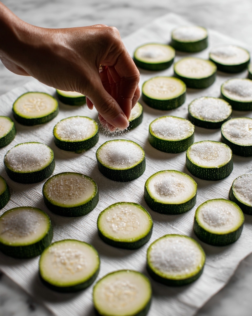 A woman's hand is sprinkling salt over several thick slices of zucchini that are laid out in neat rows on white paper towels. The zucchini slices have dark green edges and a pale, slightly textured inner flesh. The scene is close up, focusing on the hand and the round zucchini slices arranged evenly across the white paper towels, which are placed on a white marbled surface. photo taken with an iphone --ar 4:5 --v 7
