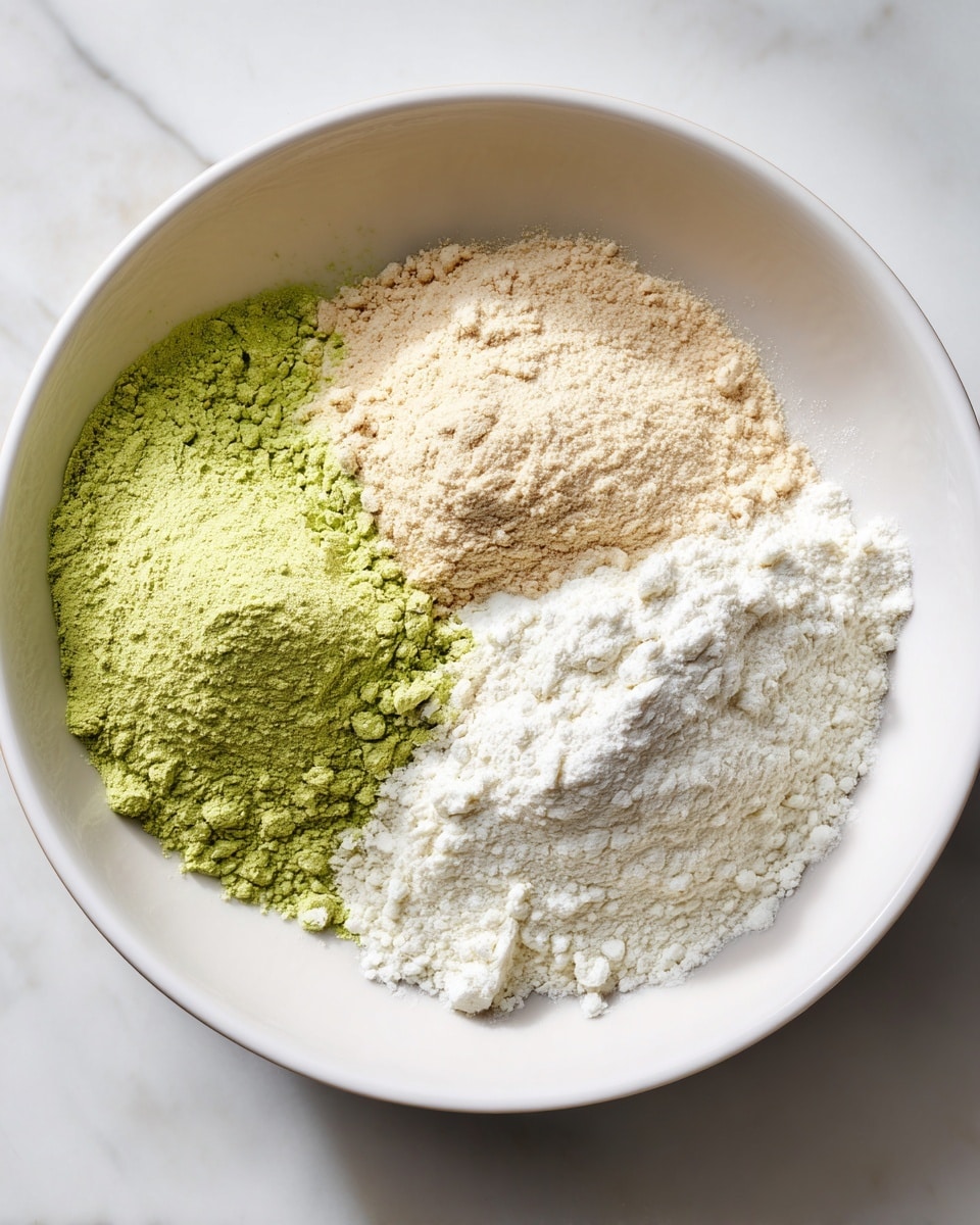 In a large white bowl, three separate piles of dry ingredients are arranged without mixing. The first pile is a fine, bright green powder located in the upper left quadrant of the bowl. The second pile is a light beige powder positioned in the lower left quadrant of the bowl. The third pile is a pure white powder placed in the upper right section of the bowl, with a slightly shinier texture. The powders create a visual contrast with each other and with the smooth white inside of the bowl. The bowl sits on a white marbled surface, and the scene is lit softly from above, highlighting the powders' textures. Photo taken with an iphone --ar 4:5 --v 7