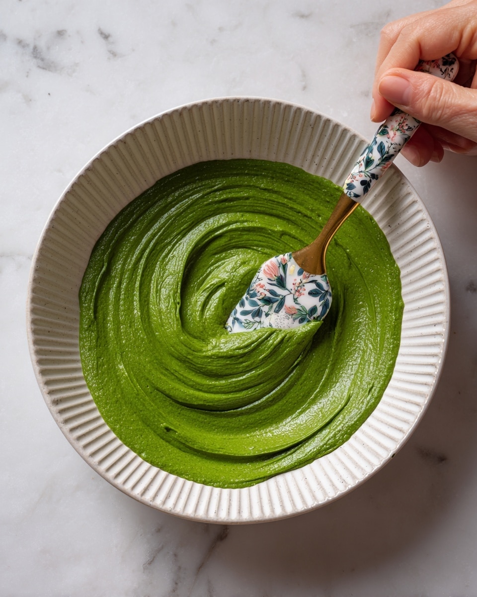 A white bowl sitting on a white marbled surface contains a thick, smooth, bright green paste spread evenly inside. A woman's hand holds a floral-patterned spatula with a gold handle, sweeping through the paste, creating a swirl pattern in the center. The paste has a creamy, glossy texture, and the bowl's ribbed edges are visible. Photo taken with an iphone --ar 4:5 --v 7