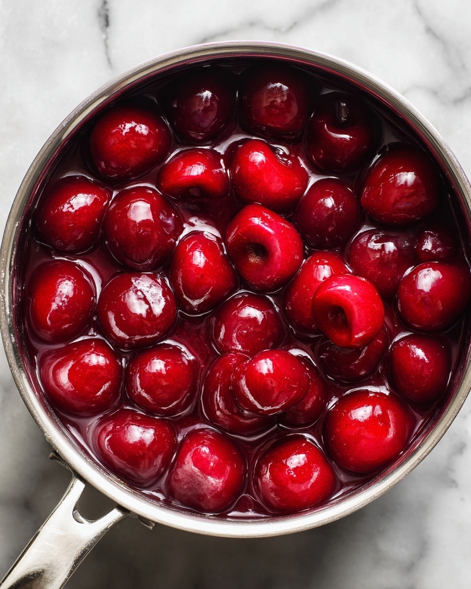 A close-up view inside a metal pot filled with shiny, deep red halved cherries mixed with a thick, glossy sauce. The cherries have a smooth texture, some whole and some only half showing the inside. The pot handle is visible at the bottom right corner. The pot rests on a white marbled surface. Photo taken with an iphone --ar 4:5 --v 7