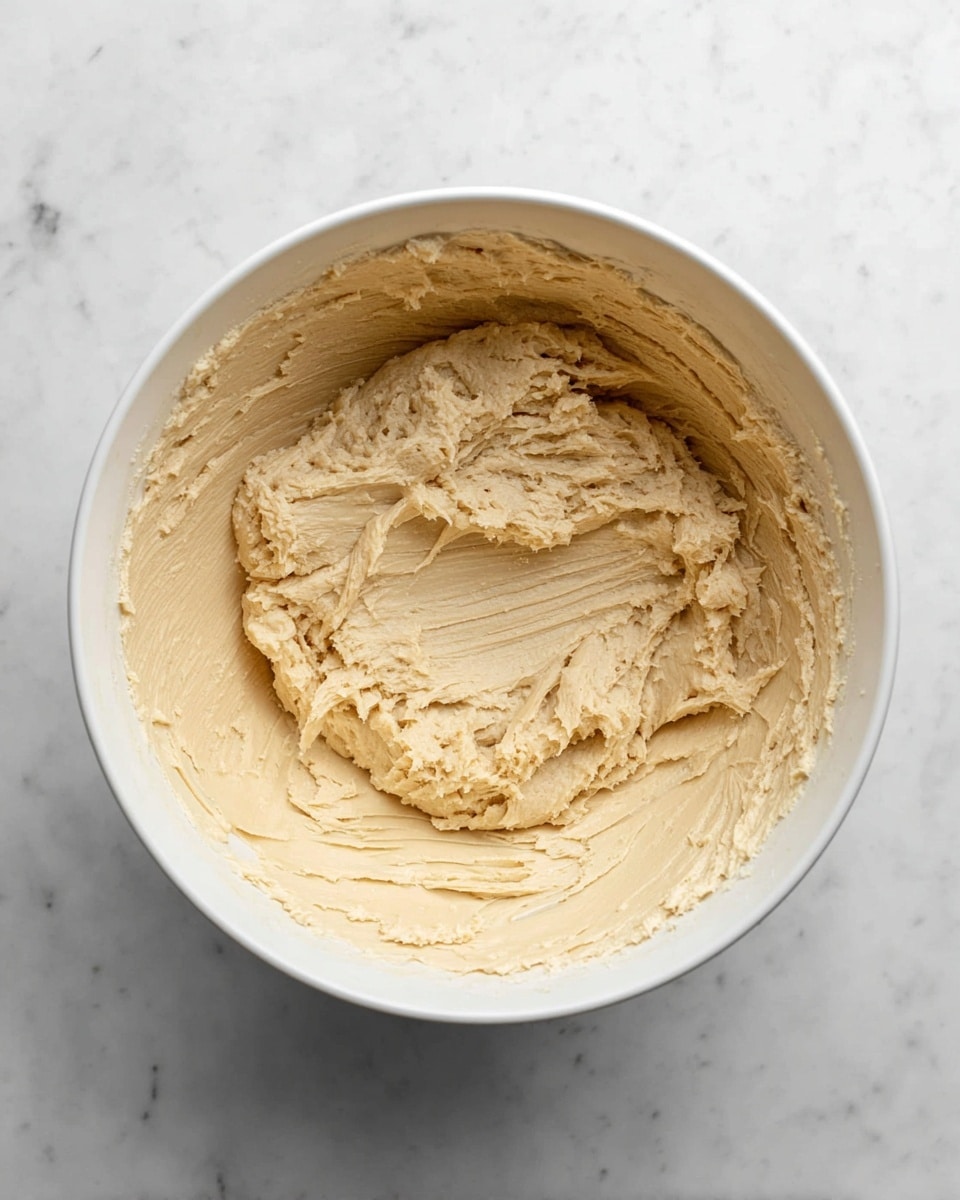 A top view of a white mixing bowl with a single thick, smooth light beige dough layer inside. The dough fills most of the bowl's bottom and is softly textured with some visible scraping marks on the surface. The bowl is placed on a white marbled texture surface. photo taken with an iphone --ar 4:5 --v 7