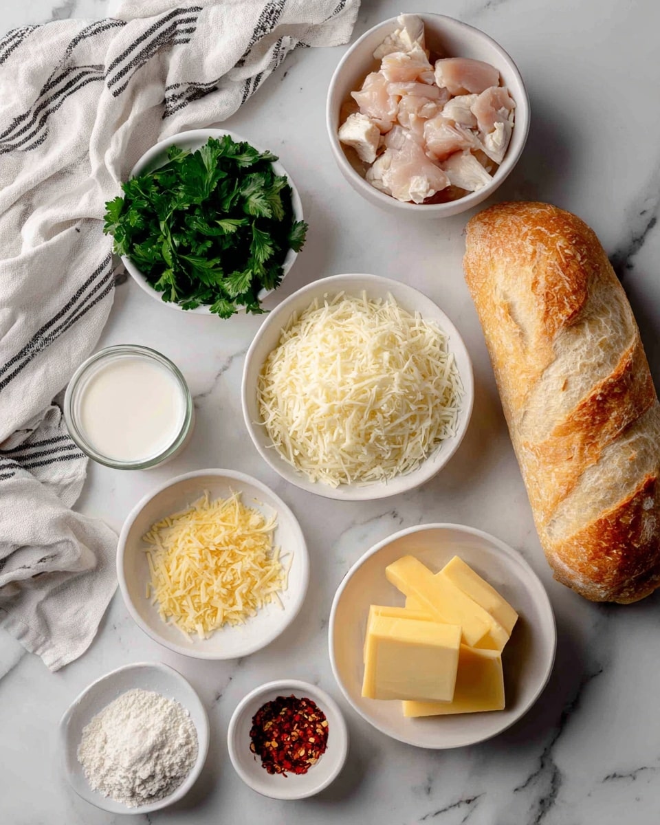 The image shows several ingredients arranged on a white marbled surface. There is a whole loaf of crusty golden-brown bread on the right side. Above it is a white bowl filled with shredded white cheese. To the left of that bowl is a smaller white bowl with fresh green parsley leaves. Above that is a larger white bowl containing small pieces of raw pink chicken. Below the parsley is a small glass of white cream. Next to the glass is a small bowl of grated garlic, light yellow in color. Below the garlic is a wedge of hard yellow cheese with a smooth texture. Below this cheese is a white bowl holding three rectangular slices of yellow butter. At the bottom left are two small round dishes, one with white flour and the other with red chili flakes. A white cloth with black stripes is draped in the top left corner. Photo taken with an iphone --ar 4:5 --v 7