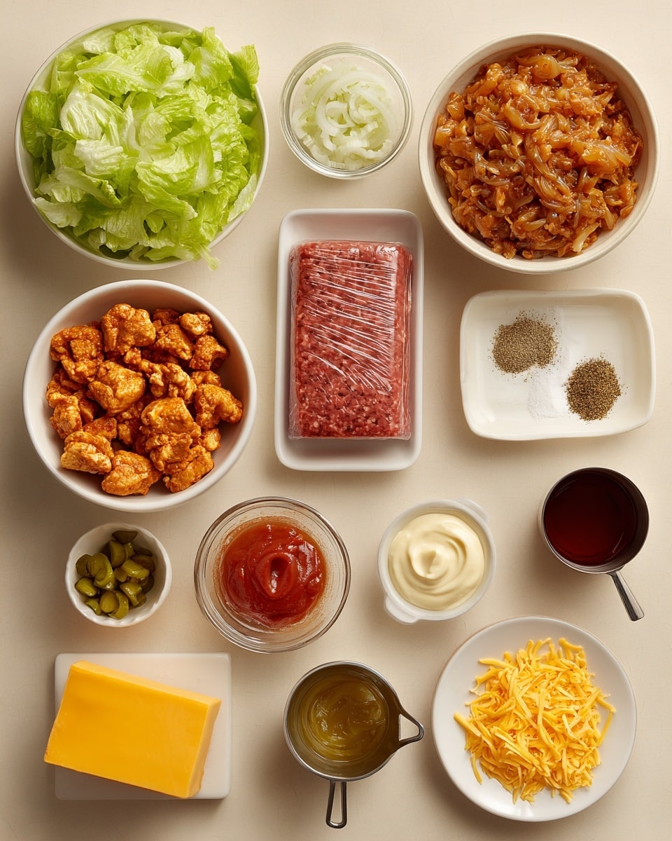 The image shows various ingredients placed neatly on a light tan surface, including a white bowl filled with chopped green lettuce, a white bowl of seasoned cooked chicken pieces in an orange-brown color, a vacuum-sealed square of raw ground meat that is deep red, a small white bowl with sautéed browned onions, a small clear bowl with red sauce, a small white bowl with a swirl of pale yellow mayonnaise, a small white dish with four green pickles, a small brown dish with yellow mustard, a rectangular block of bright yellow cheddar cheese, a round white plate with three piles of seasoning in white, black, and yellow colors, and a small metal cup with a dark red liquid. Photo taken with an iphone --ar 4:5 --v 7