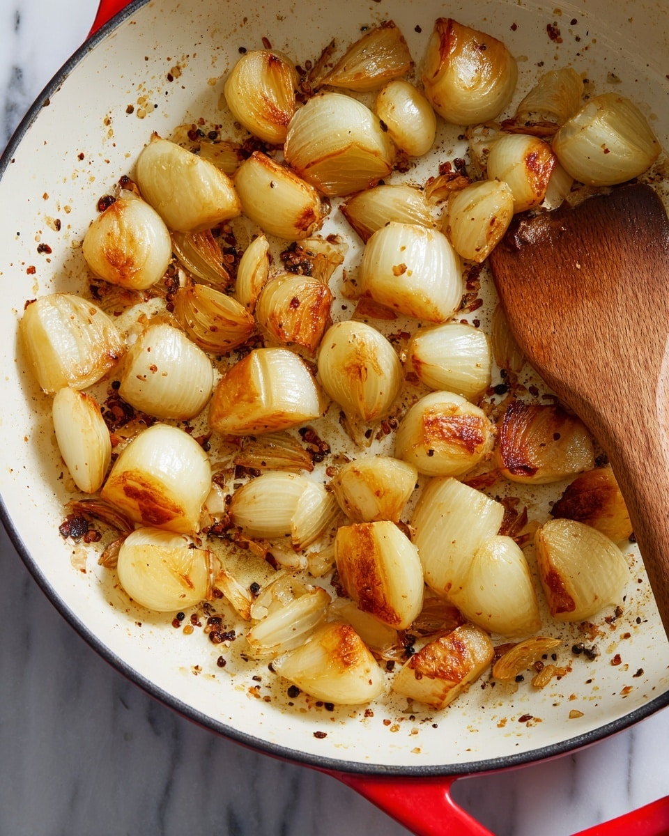 The image shows a close-up view of chopped onions being cooked in a white enameled pan with a red outer edge. The onions are cut into thick chunks with a golden-brown color on the edges, giving a roasted look. They are scattered across the bottom of the pan with some spices and small burnt bits stuck to the pan’s surface. A wooden spatula is seen stirring the onions on the right side of the pan. The background surface is a white marbled texture. photo taken with an iphone --ar 4:5 --v 7