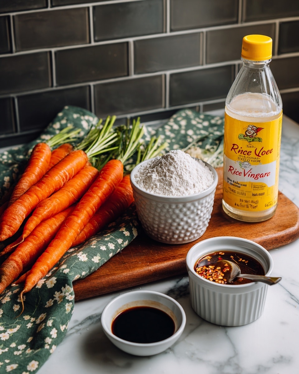 The image shows a wooden cutting board on a white marbled surface with several fresh bright orange carrots on the left side, partially resting on a green cloth with white floral patterns. In front of the carrots is a white bowl filled with a white powdery ingredient, probably flour. To the right of the bowl, there is a clear glass bottle with a yellow cap and a yellow label that says