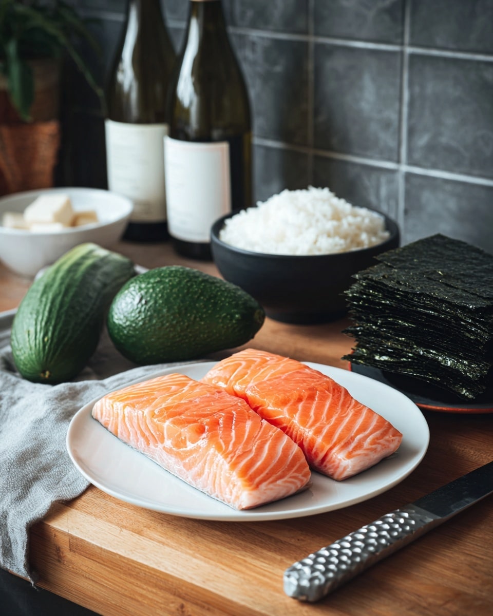 Two fresh, pink-orange salmon fillets lie side by side on a white plate placed on a wooden cutting board. Near the plate, there are two dark green avocados resting on a gray cloth, and a fresh green cucumber is placed to the left. To the right, a stack of black seaweed sheets rests next to a black bowl filled with white rice grains and a white bowl holding creamy white cheese. Behind all these ingredients are two wine bottles placed on a white marbled surface, with a dark tiled wall in the background. A shiny silver knife with a textured handle rests at the front of the cutting board. Photo taken with an iphone --ar 4:5 --v 7