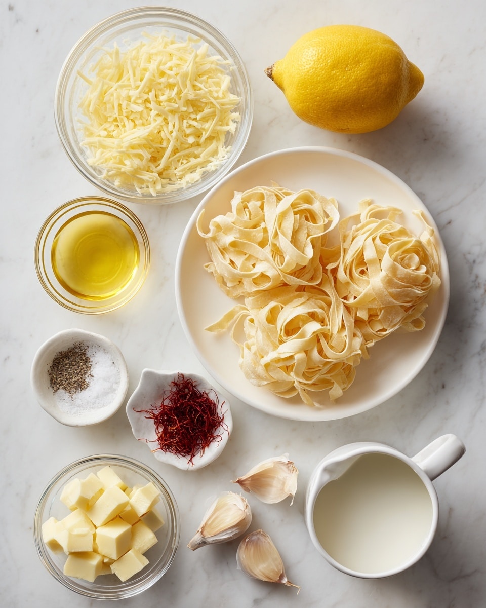 The image shows several ingredients arranged neatly on a white marbled surface. Starting at the top right, there is a white plate filled with two small piles of flat, pale yellow pasta ribbons with a slightly rough texture. To the left of the plate, there is a whole yellow lemon with a smooth skin. Below the lemon, a small transparent bowl holds light yellow shredded cheese. Moving down, there is a tiny glass bowl filled with clear golden oil. Next to it, a small clear container holds a few strands of deep red saffron. Near the center, a white bowl contains granulated salt and pepper. To the right, a white cup with a handle holds a light yellow liquid. Below that, a small transparent bowl contains white creamy milk with a frothy texture. In the bottom right corner, a small clear bowl is filled with pale yellow butter cubes. Between the bowls and the plate, two peeled garlic cloves lie on the surface. The overall setup is bright, clean, and organized. Photo taken with an iphone --ar 4:5 --v 7