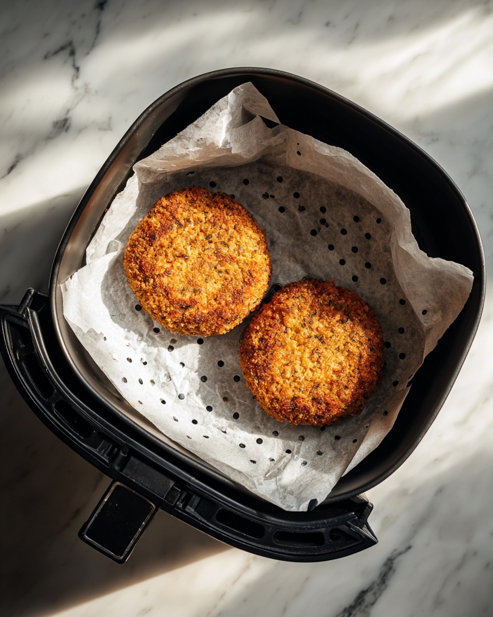 The image shows two golden brown, crispy fried patties inside a black air fryer basket lined with white parchment paper dotted with small holes for ventilation. The patties have a rough, crunchy texture and are positioned side by side, filling most of the basket's base. The surface underneath the basket has a white marbled texture, and there is a strong light casting a shadow on part of the basket and one patty. Photo taken with an iphone --ar 4:5 --v 7