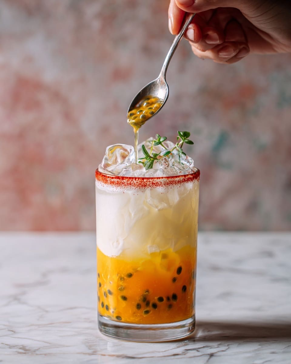 A clear glass with a red sugar rim sits on a white marbled surface. In the first layer at the bottom is bright orange passion fruit pulp with seeds. Above it, a layer of large clear ice cubes fills much of the glass. A pale yellow liquid is then poured over the ice, nearly filling the glass. On top, a thin lemon slice and a small green sprig float within the drink. A woman's hand holds a spoon stirring the drink from above. Photo taken with an iphone --ar 4:5 --v 7
