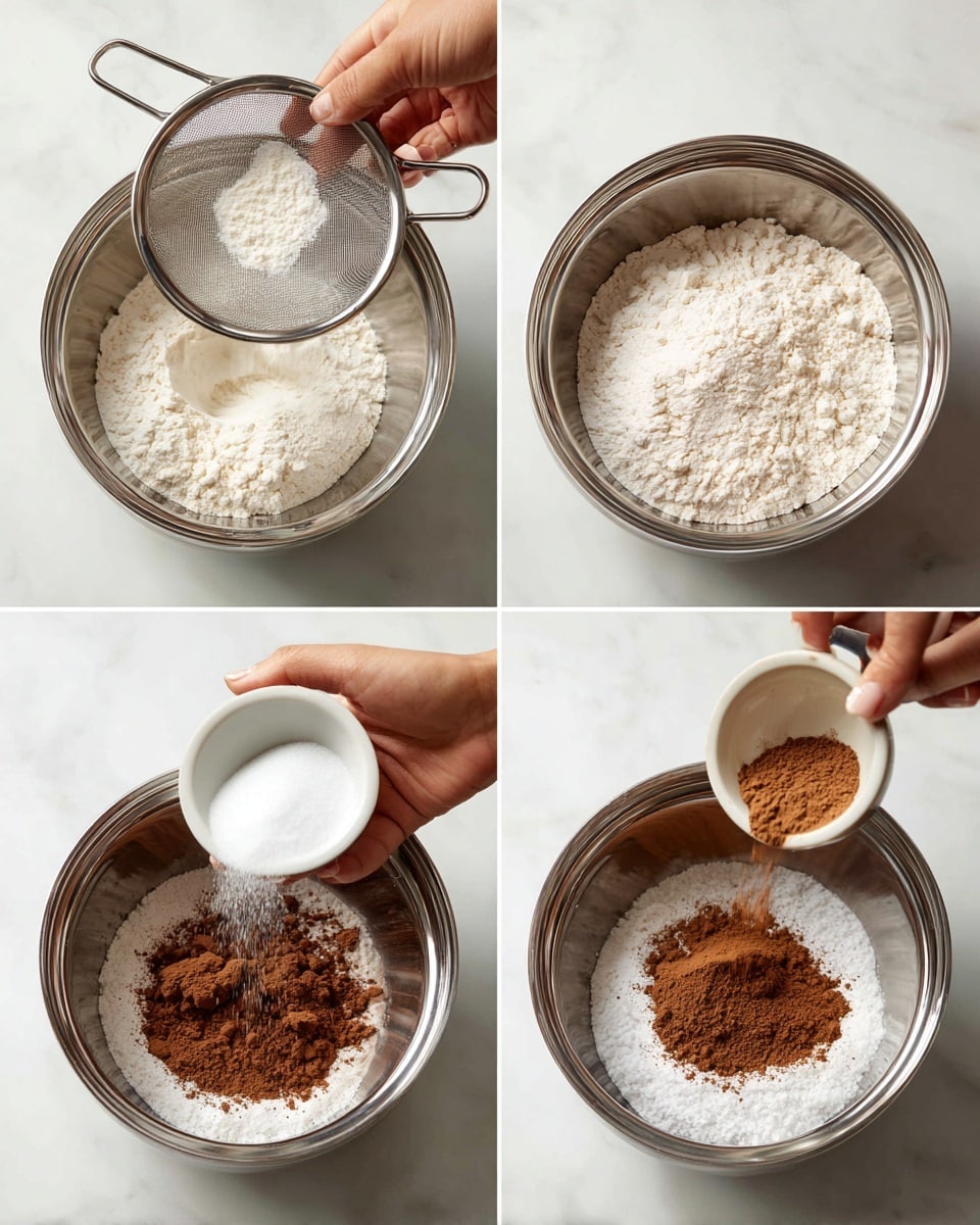 The image set shows four steps of mixing dry ingredients for baking. In the first step, a white metal sieve holds white flour, which a woman's hand is sifting into a steel mixing bowl under it, with flour falling through the sieve. The second step shows cocoa powder being sifted through the same sieve into the steel bowl, with some clumps of cocoa in the sieve. In the third step, a woman's hand is holding a small white bowl with baking soda and cocoa powder over the empty sieve, ready to add the powders. The fourth step shows a woman's hand pouring brown sugar from a small white bowl into the steel mixing bowl containing sifted cocoa and white sugar. All the bowls are steel and the background is a white marbled surface. Photo taken with an iphone --ar 4:5 --v 7